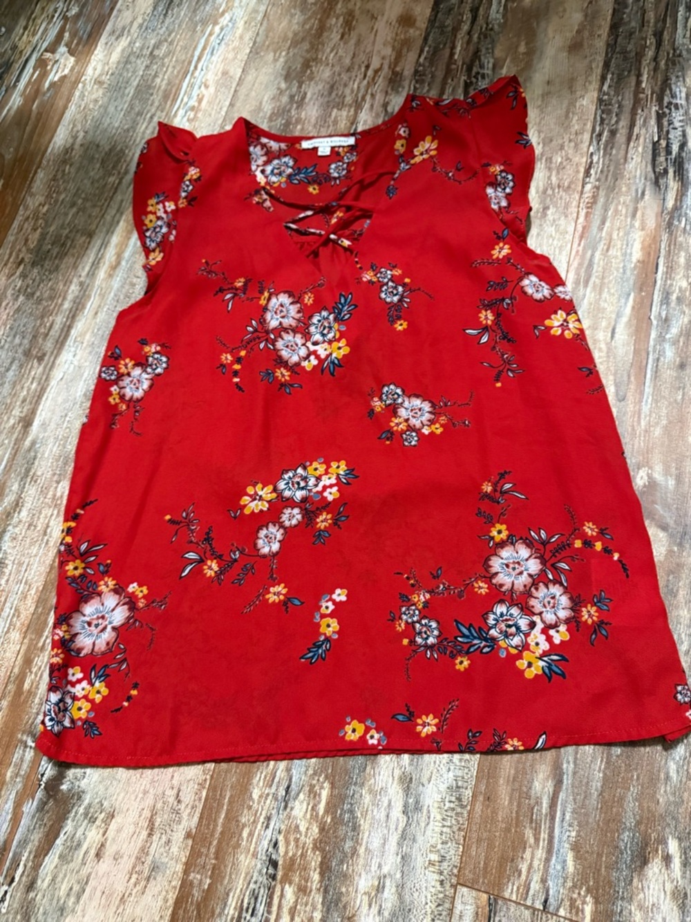 Crescent & Willough Red Floral V-Neck Top